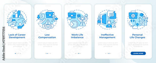 Causes of voluntary employee turnover blue onboarding mobile app screen. Walkthrough 5 steps editable graphic instructions with linear concepts. UI, UX, GUI. Montserrat SemiBold, Regular fonts used