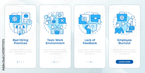 Causes of involuntary employee turnover blue onboarding mobile app screen. Walkthrough 4 steps editable graphic instructions with linear concepts. UI, UX, GUI. Montserrat SemiBold, Regular fonts used