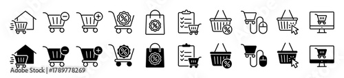 Shopping cart icon set. E-commerce and online purchase symbol. Vector illustration.