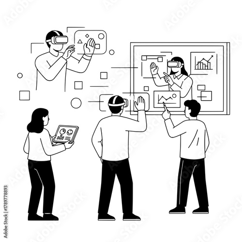Business professionals collaboratively interacting with virtual reality interfaces showing data visualizations in a futuristic digital workspace emphasizing technological innovation