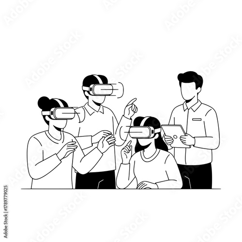 Focused users interacting in a simulated digital space within an innovative collaborative setting using advanced virtual reality headsets and a tablet observer