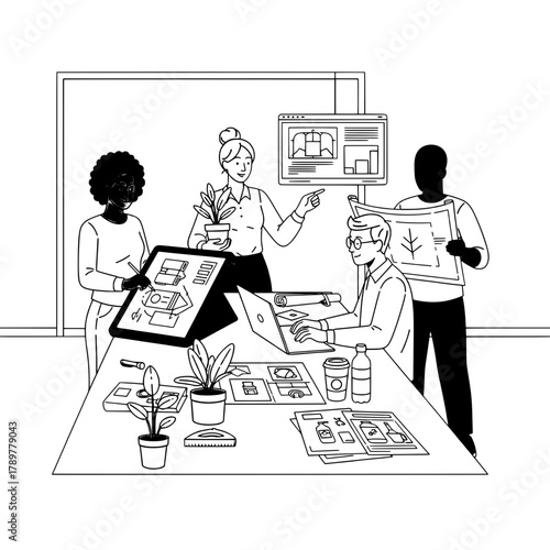 Diverse professional design team actively collaborating on architectural project plans in a modern office environment using digital and traditional tools