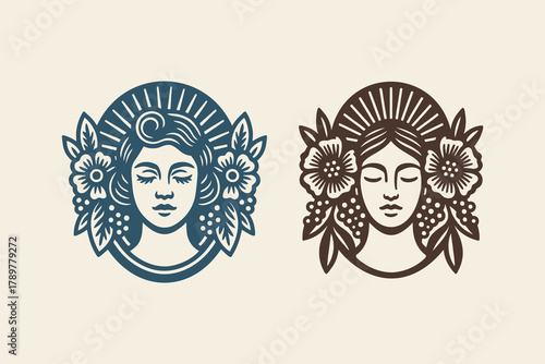 Floral woman emblems set — bold engraving style vector