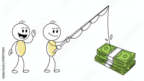Stick figures fishing for a stack of money