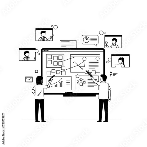Diverse business professionals collaborate analyzing data on a large interactive screen with remote participants via video calls for strategic planning