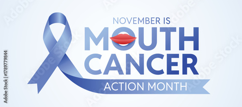 Mouth cancer action awareness - Long blue ribbon and text with mouth sign on soft blue background vector design