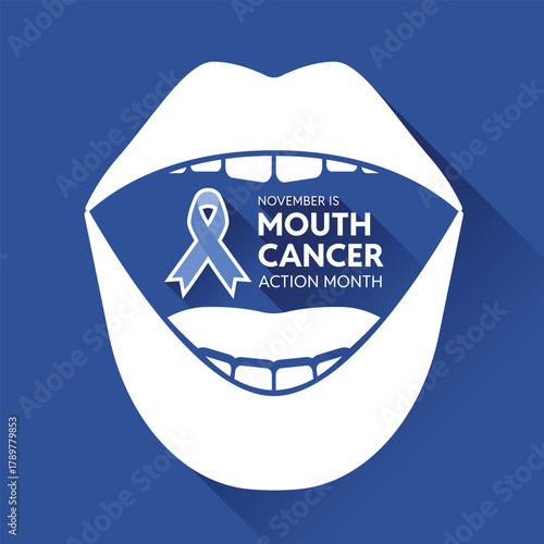 Mouth cancer action awareness - Blue ribbon and text in white open mouth on blue background vector design