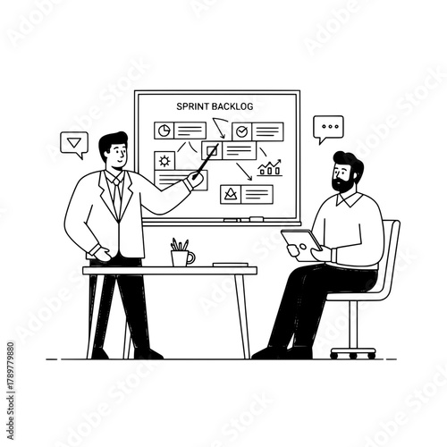 Project manager guiding team explaining sprint backlog workflow in a professional office environment during an agile development discussion with a seated team member reviewing on a tablet