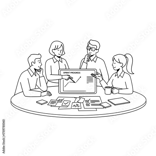 Dedicated project business team analyzing sprint progress in a collaborative office around a round table with a visible screen display