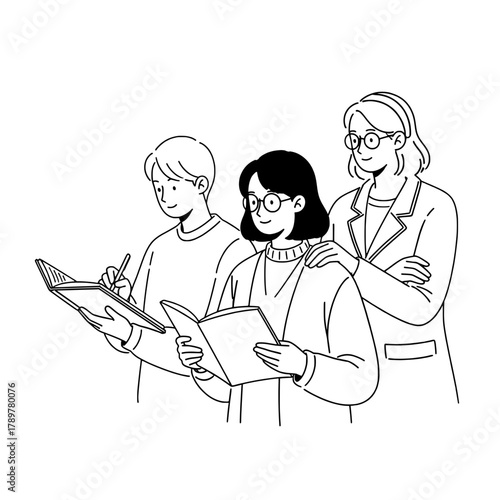 A supportive female mentor guides two diligent students actively studying from open books in an academic learning environment demonstrating collaborative knowledge acquisition