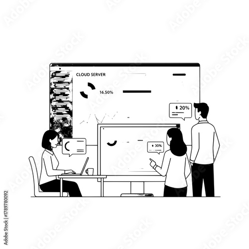 Professional IT business team members collaborate analyzing cloud server data insights in a modern digital workspace