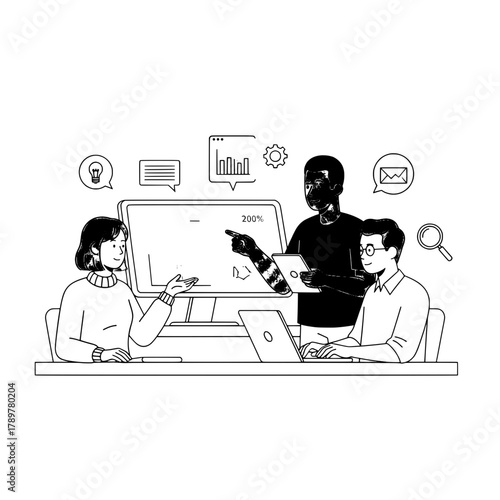 Diverse business colleagues actively collaborate discussing projected data on a large monitor and tablet during a productive office meeting