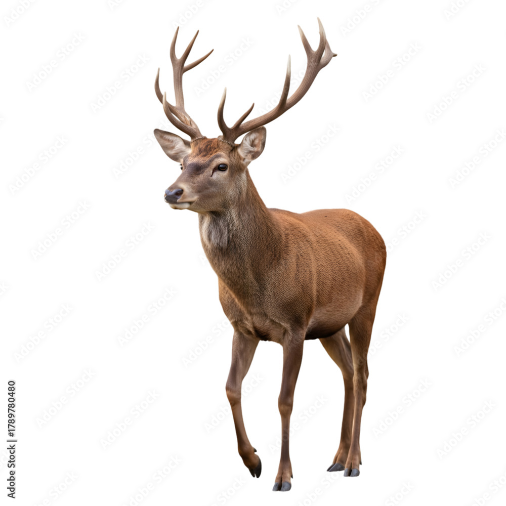 Fototapeta premium Majestic Stag with Antlers Standing Alertly Outdoors in Natural Sunlight with a Black Isolated Background