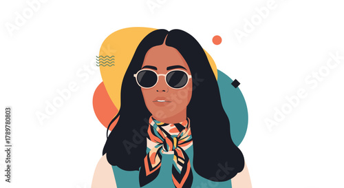 A stylish woman with long dark hair wears round sunglasses and a vibrant patterned scarf, set against an abstract background of colorful shapes.