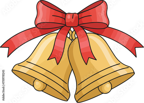 flat vector christmas bells with ribbons, gold and red tones, white background
