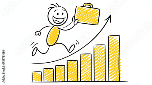 Happy stick figure running up a bar graph with a briefcase