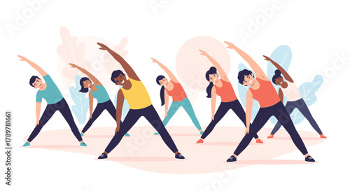 Happy and diverse group of men and women performing side bend stretches in a group fitness class for health and wellness.