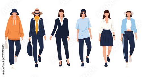 Six women showcasing diverse fashion styles, from sporty to formal and casual everyday wear, on a white background.