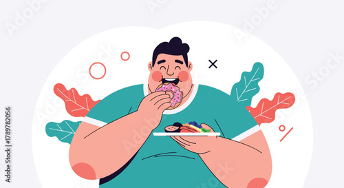 A happy, plump man enjoys a sweet donut with sprinkles, contrasting with a plate of healthy fruits and vegetables he also holds.