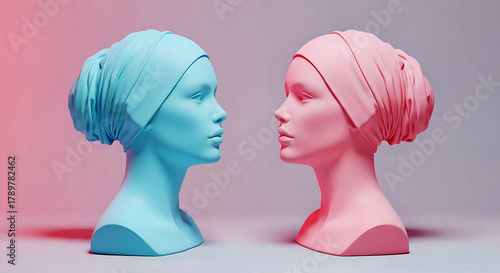Two abstract mannequin heads, one blue and one pink, facing each other with a gradient background