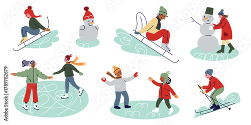 Vector illustration set with winter activities and outdoor fun scenes. Flat cartoon children and adults sledding, skating, skiing, making snowmen, playing snowballs in snowy park collection