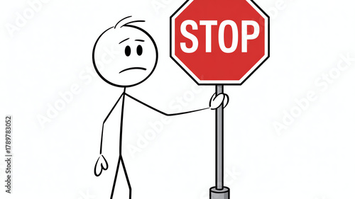 Sad stick figure holding a stop sign