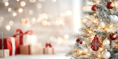 Festive room with Christmas tree and lights.