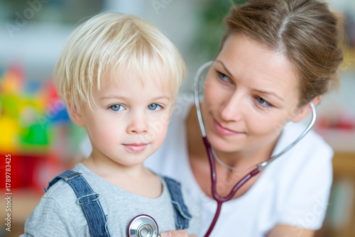 Child visits a bright clinic for a check-up with caring nurse Generative AI