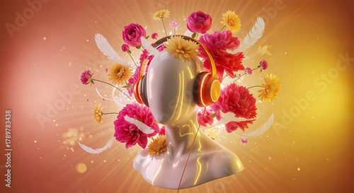 Abstract bust wearing headphones surrounded by vibrant flowers and feathers, symbolizing music and creativity