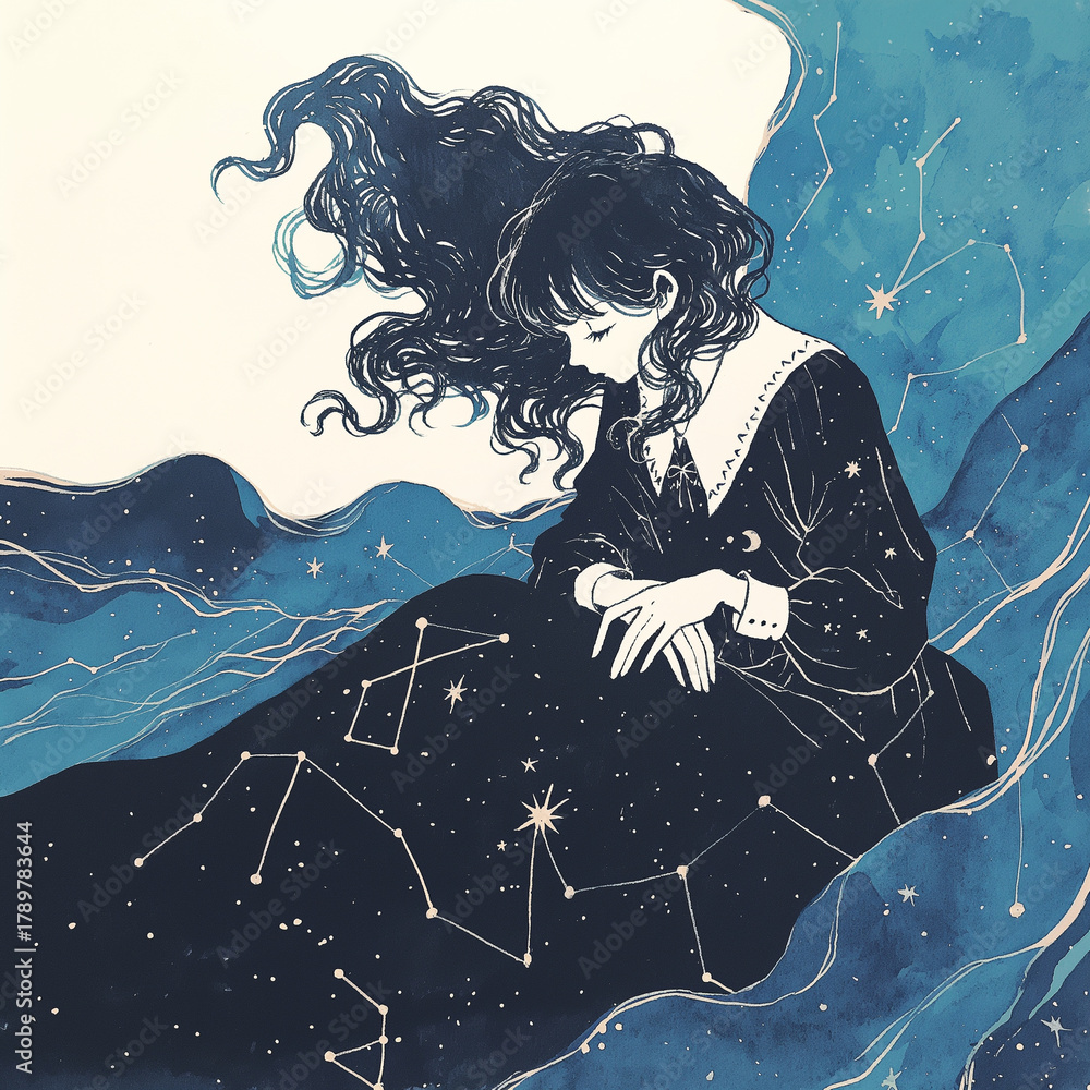 Fototapeta premium 金色の星が舞う深い群青の背景に佇む、神秘的で儚げな女性の表情を描いた幻想的イラスト。夜、星、夢、宇宙をテーマにしたアナログ感あるアート。