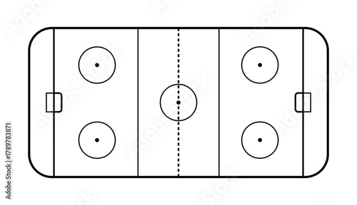 Top view of a hockey rink black line with all standard markings, including the center line, blue lines, face-off circle