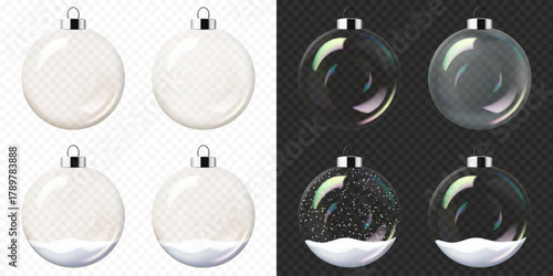 Set of Christmas and New Year transparent glass balls with snow, isolated. Equally suitable for dark and light backgrounds.