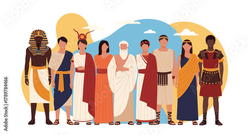 Group of diverse historical figures representing ancient civilizations like Egyptian, Greek, and Roman, showcasing their traditional attire and cultural heritage.