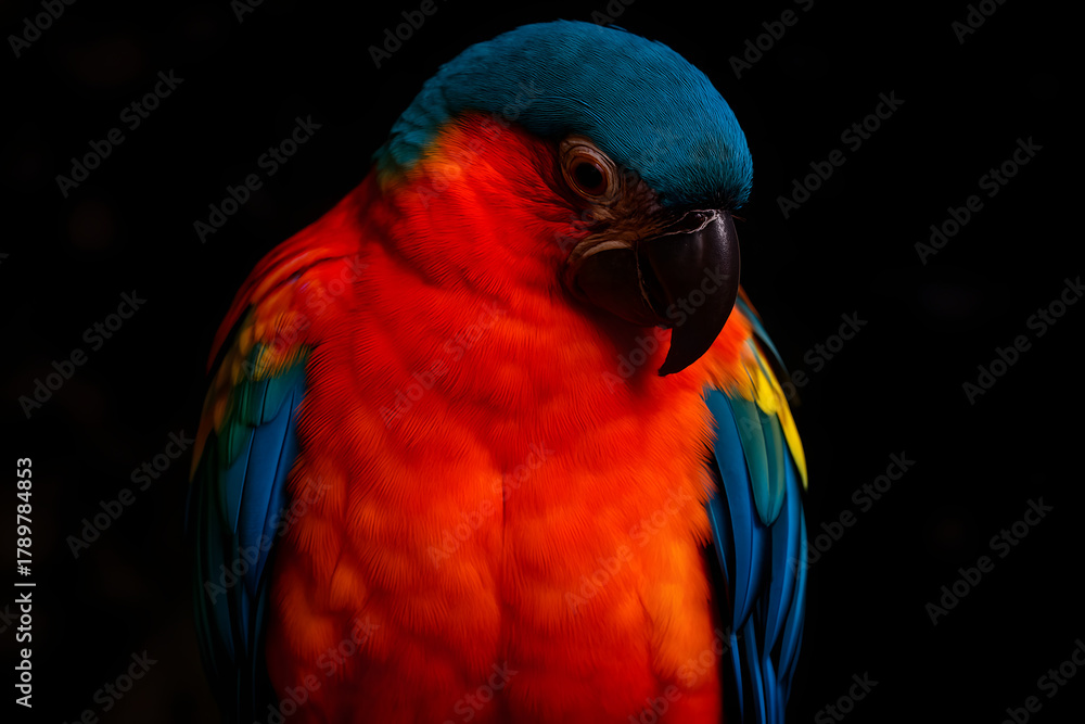 Obraz premium Striking Scarlet Macaw Portrait: Vibrant Plumage Against a Deep Black Backdrop