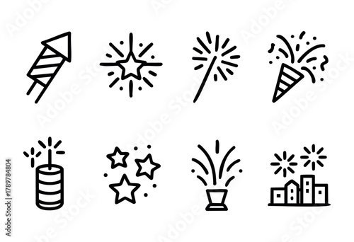 Various illustrations show different types of fireworks, including rockets, sparklers, and bursts, showcasing a festive atmosphere perfect for celebrations and parties.