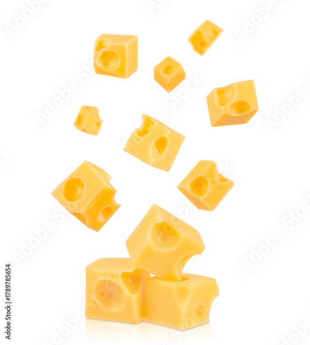 Falling cubes of Swiss cheese with round holes isolated on white background, dairy product concept with copy space for text, ideal for advertising, banner, or food design template
