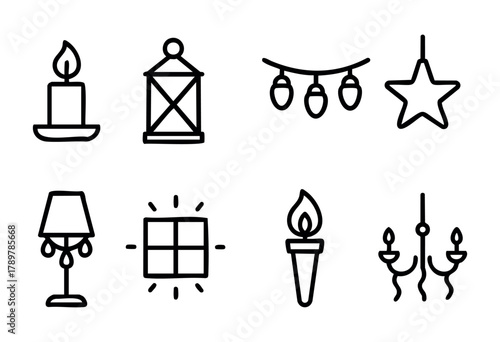 A collection of simple line drawings features various light sources, including candles, lanterns, string lights, and chandeliers. These icons create a warm and inviting atmosphere.