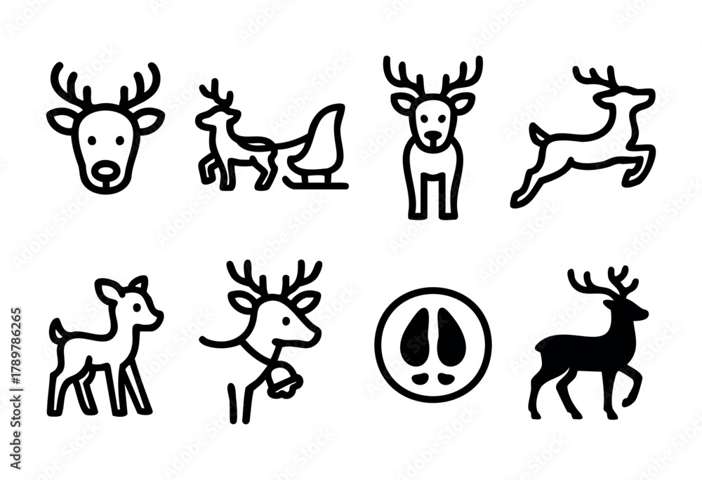 Obraz premium Various cartoon-style deer are depicted in different poses, including standing, running, and sitting. The illustrations show a playful and artistic approach to these animals.