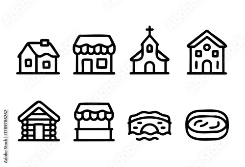 Eight simple black and white icons show different building types, including houses, a church, and market stalls. This design highlights diverse architectural styles.