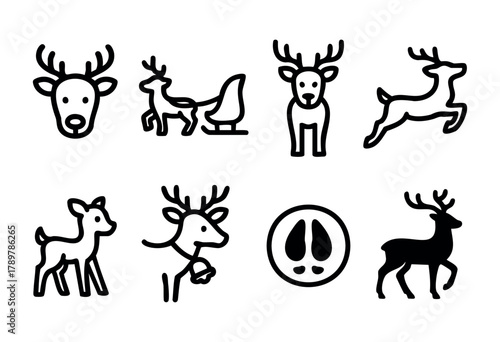 Various cartoon-style deer are depicted in different poses, including standing, running, and sitting. The illustrations show a playful and artistic approach to these animals.