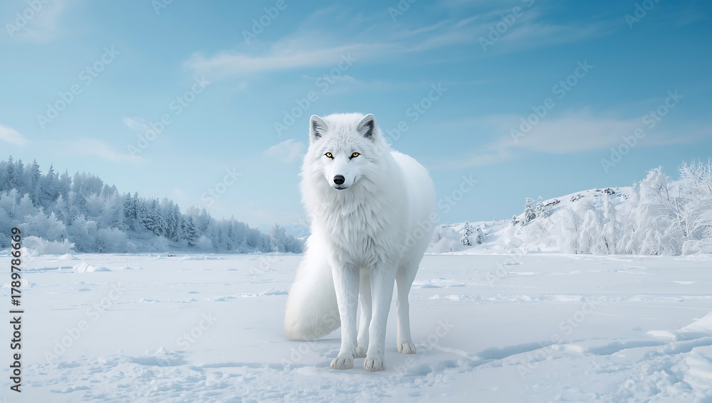 Fototapeta premium majestic white arctic fox with thick fur standing on snowy landscape under clear blue sky, symbolizing winter wilderness beauty, survival, and purity of nature in frozen tundra environment