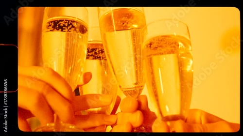 Drinking champagne with family at Christmas drink, 4K, retro film frame, analog camcorder style