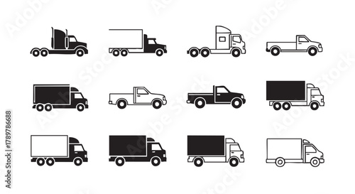 Trucks and vehicle icon set in black on white background
