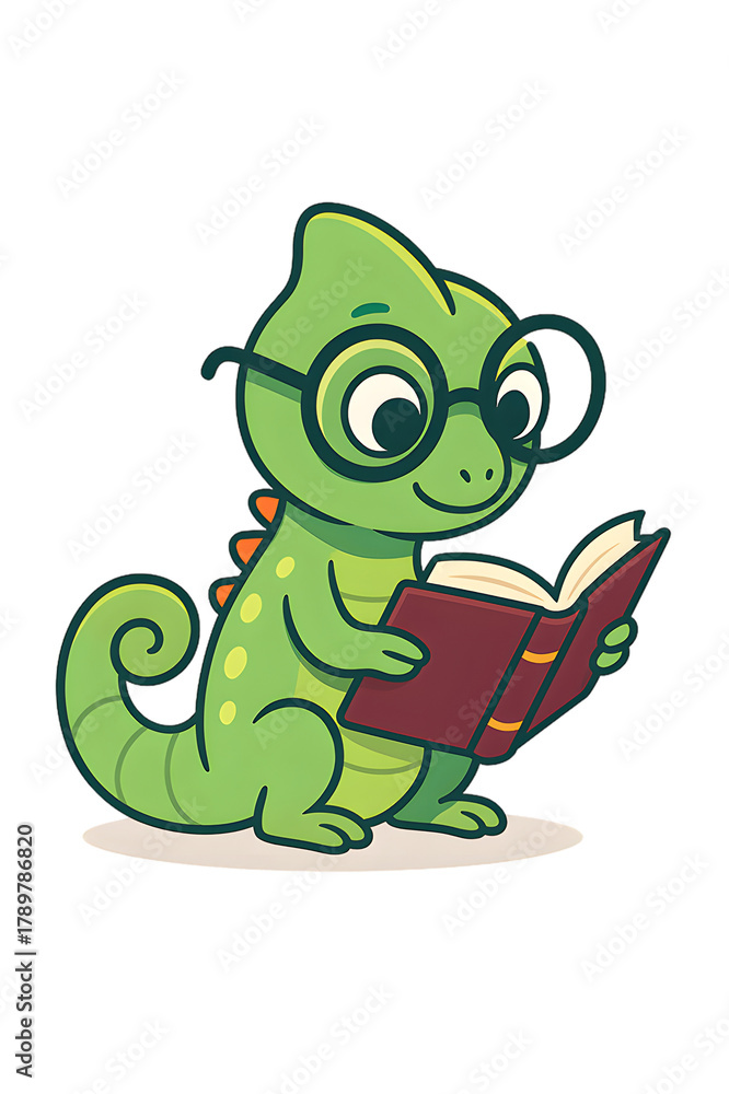 Naklejka premium Adorable green chameleon cartoon character wearing glasses and reading a red book, symbol of learning and education, intelligent reptile mascot illustration isolated on transparent background