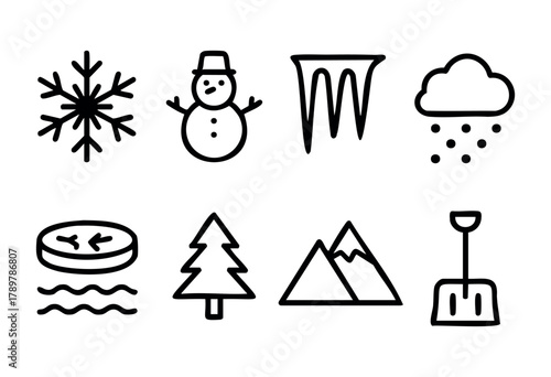Various symbols illustrate the charm of winter. Snowflakes, a snowman, and mountains capture the essence of cold weather fun and seasonal activities enjoyed outdoors.