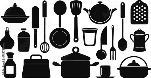 Black silhouette icons of cookware and utensils for culinary vector design.