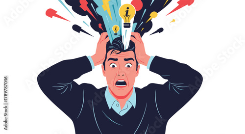 Man overwhelmed by an explosion of information, ideas, and stress symbols bursting from his head, illustrating mental overload and problem-solving pressure.