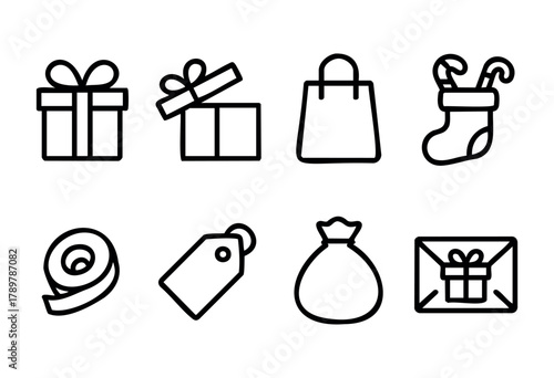 Various icons of wrapping supplies including gift boxes, shopping bags, stockings, tags, and ribbons are illustrated. These items are essential for holiday gifting and celebrations.