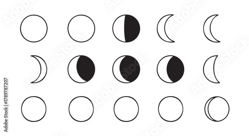 Various moon phases in black and white minimalist design vector