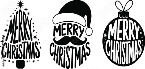 Merry Christmas label set vector illustration, festive typographic holiday symbols and decorative elements. Perfect for greeting cards, gift tags, posters, invitations, packaging, web design, 